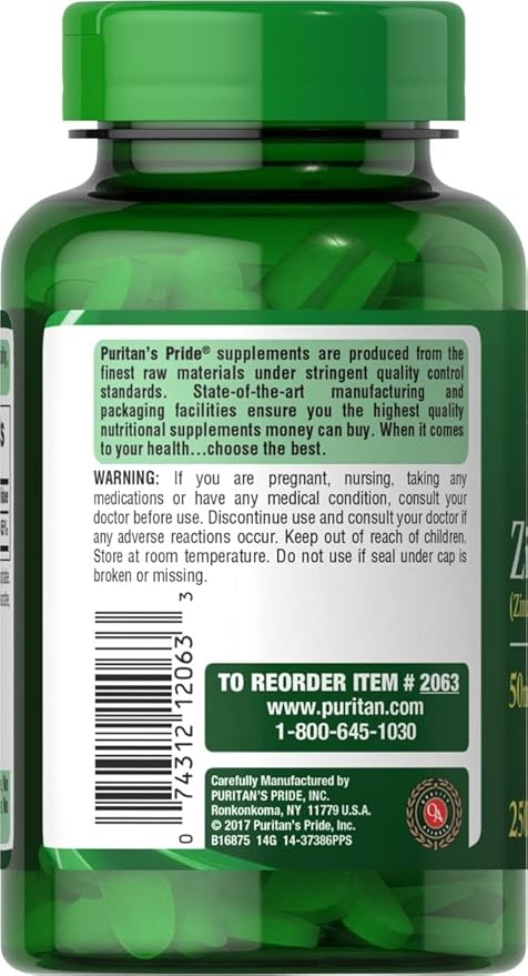 Puritan's Pride Zinc 50 Mg - 250 Count - Image 3